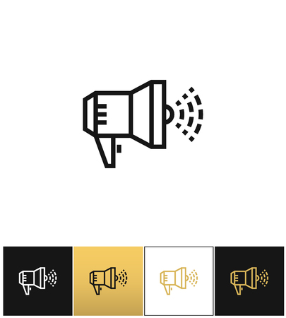 Megaphone announcement sign or loudspeaker bullhorn vector icon. Megaphone announcement sign or loudspeaker bullhorn pictograph on black, white and gold backgroundのイラスト素材