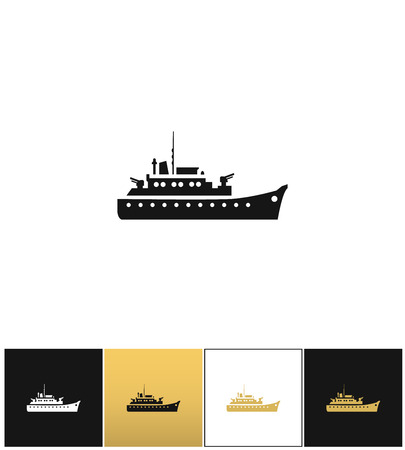 Navy military warship silhouette vector icon. Navy military warship silhouette pictograph on black, white and gold backgroundのイラスト素材