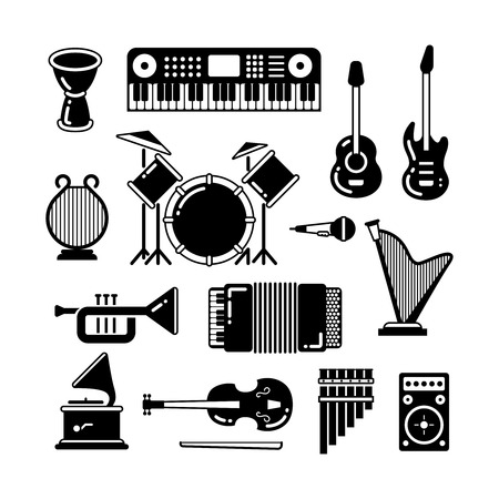 Classic music instruments, silhouettes vector icons. Instrument classical black white style. Illustration of guitar, piano and drumのイラスト素材