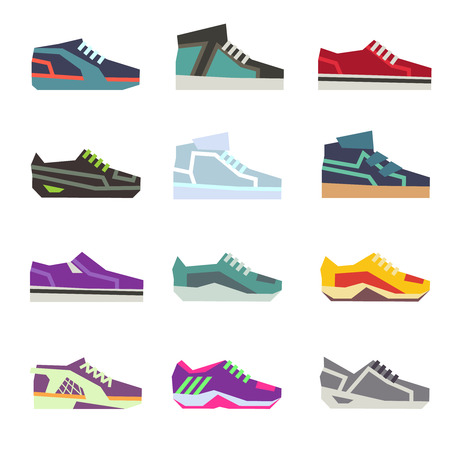 Sportwear shoes, different footwear sport shoes flat vector set. Colored running shoes illustrationのイラスト素材