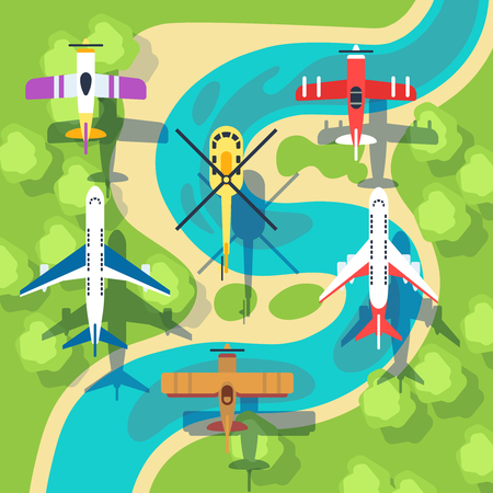 Top view planes and helicopters above landscape vector illustration. Air transport plane and helicopter, flight passenger planeのイラスト素材