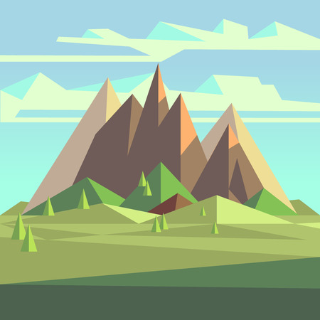 Origami landscape in 3d low poly style with mountains, trees and sky. Polygon geometric mountain, landscape with mountains illustrationのイラスト素材