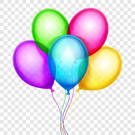 Vector colorful balloons, birthday decoration isolated on transparent background. Birthday balloon color, helium balloons flying illustrationのイラスト素材