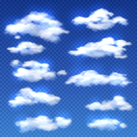 Realistic vector clouds isolated on checkered background. Set of clouds in blue sky, weather with white clouds illustrationのイラスト素材