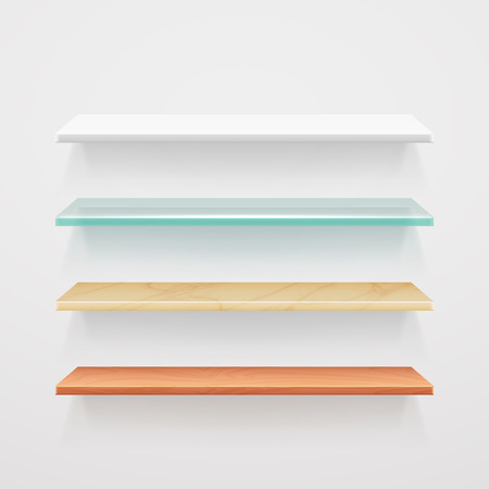 Empty wood, glass, metal, plastic shelves vector template. Interior of set of shelf for office or home. Illustration of shelf for bookのイラスト素材