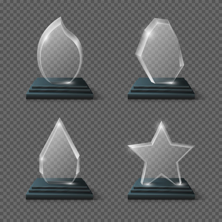 Realistic crystal trophy, glass awards vector set. Glass trophy transparency plate, panel of glass form star illustrationのイラスト素材