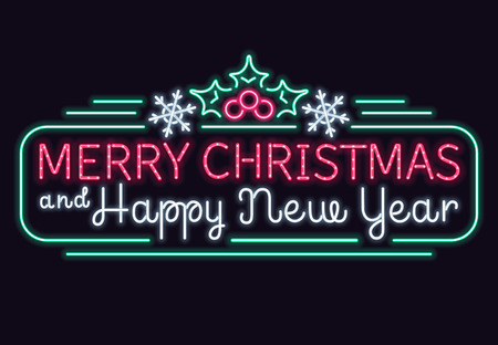 Neon merry christmas and happy new year vector sign, xmas lights shopping billboardのイラスト素材