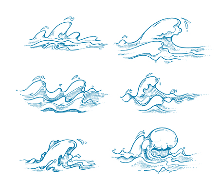 Vintage sea waves vector set in hand drawn, sketch, doodle style. Wave water ocean, drawing swirl waves. Vector illustrationのイラスト素材