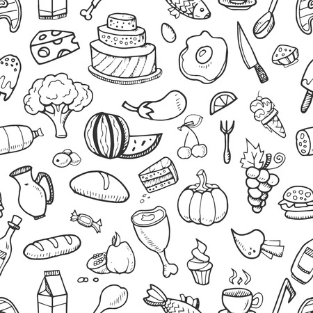 Doodle food ingredients, drinks and vegetables seamless pattern for menu design. Sketch background with food, vector drawing food illustrationのイラスト素材