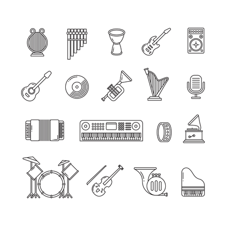 Music concert instruments thin line vector icons. Set of instruments guitar piano and violin, illustration of classical instrumentのイラスト素材