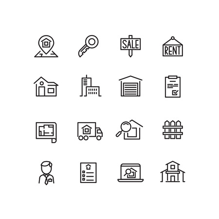 Real estate, house, property for sale, search apartment thin line vector icons. Rent and sale house, architecture line house for sell illustrationのイラスト素材