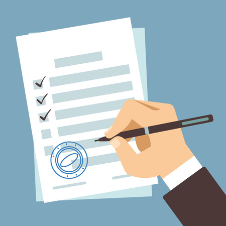 Male hand signing document, man writing on paper contract, hand filling tax form vector illustration. Paper document and businessman writes tax formのイラスト素材