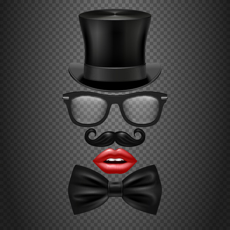Mustache, bow tie, glasses, red girl lips and cylinder hat. realistic vector hipster photo booth props. Accessory gentleman mister for photo booth illustrationのイラスト素材