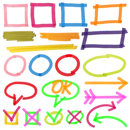 Highlighter marks, stripes, strokes, frames, speech bubbles, crosses, ticks and arrows vector set. Elements drawn with colored marker, illustration of markers stripes and strokesのイラスト素材