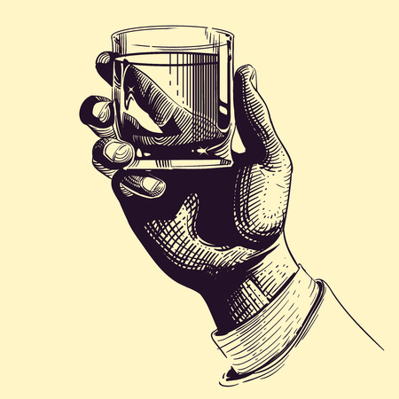 Hand holding glass with strong drink. Vintage hand drawing vector illustration. Drink tequila or whiskey, beverage booze in handのイラスト素材