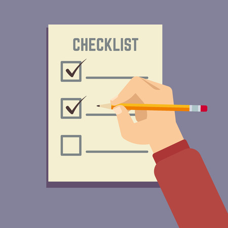 Hand holding pencil with clipboard checklist flat vector illustration. Checklist document, survey questionnaire or checklistのイラスト素材