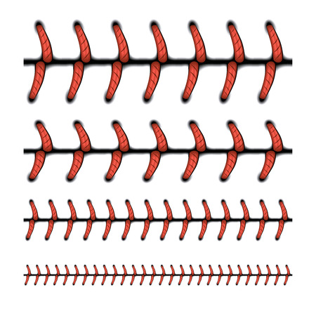 Baseball stitching lace, sports ball laces vector set. Seam baseball ball, seam of red thread illustrationのイラスト素材
