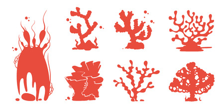 Sea aquarium coral silhouettes vector set. Silhouette red coral reef, marine undersea group of corals illustrationのイラスト素材