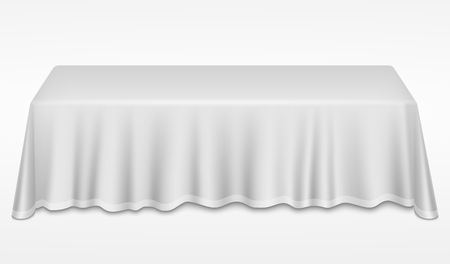 Empty dinner banquet table with white cloth 3d realistic desk vector illustration. Dinner empty table with white tableclothのイラスト素材