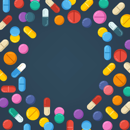 Medicine tablets, pills, drugs, capsules. healthy vector concept background. Colored tablet and pill, pharmaceutical vitamin capsule pills illustrationのイラスト素材