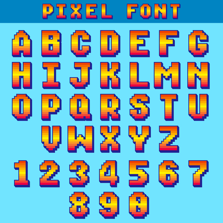 Pixel 8 bit letters and numbers vector game font, digital alphabet, typeface. Alphabet and number typeface illustrationのイラスト素材