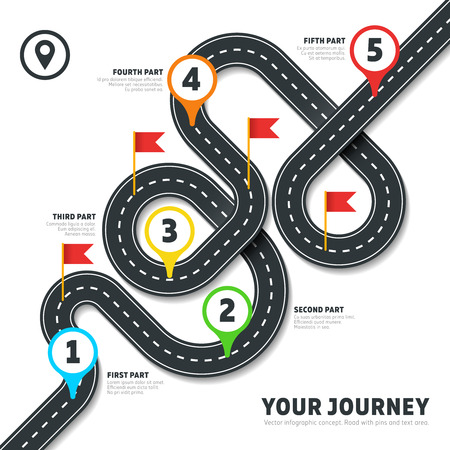 Navigation winding road vector way map infographic. Roadmap business info, plan road map for business illustrationのイラスト素材