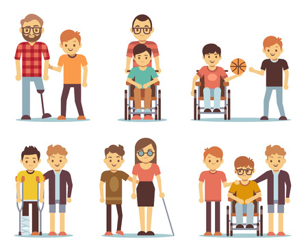 Disabled people and friends helping them vector set. Disabled people care icons. Help and support for disabled illustrationのイラスト素材