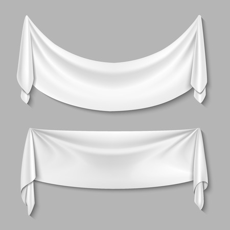 Wrinkled textile drape fabric vector empty white banners set. White sheet for advertisement, illustration of empty fabric sheetのイラスト素材