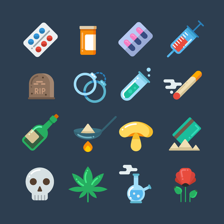 Illegal drug tablets, alcohol addiction, methamphetamine abuse vector flat icons. Set of drugs heroin and smoking, illustration of hallucinogenic mushroom and collection of drugの写真素材