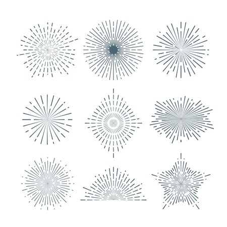 Hand drawn sunburst, vintage radial burst, abstract line sunshine vector collection. Radiant ray line, sunshine radial rays illustrationのイラスト素材
