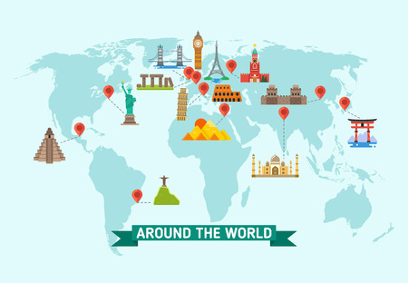 Travel landmarks on world map vector illustration. World monuments of architecture stonehenge and kremlin, international set of famous monumentsのイラスト素材
