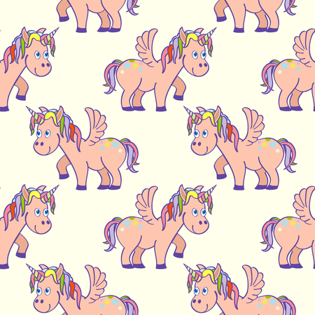 Pastel colored hand drawn unicorns seamless pattern. Magic pony with horn illustrationのイラスト素材