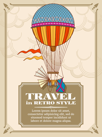 Air hot balloons in sky vector background. Freedom vintage transport balloon, illustration of card with air hot balloonのイラスト素材