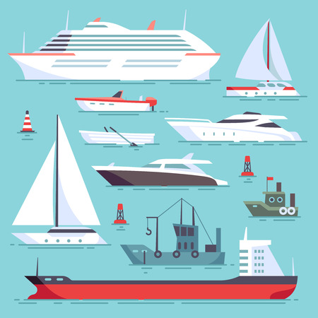 Ships at sea, shipping boats, ocean transport vector icons set. Ocean ship collection, illustration of sea cruise shipsのイラスト素材
