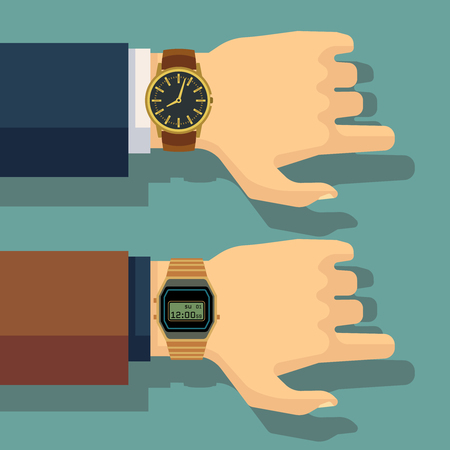Businessmans hand with wrist watch. Save time, punctuality vector concept. Business wristwatch, human hand with watch illustrationのイラスト素材