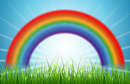 Bright rainbow blue sky with rising sun and green grass. Meadow background with rainbow, vector illustrationのイラスト素材