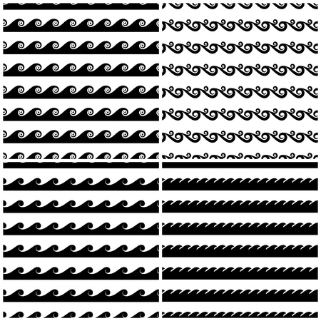 Set of swils and waves seamless patterns in black white. Monochrome banckground illustrationのイラスト素材