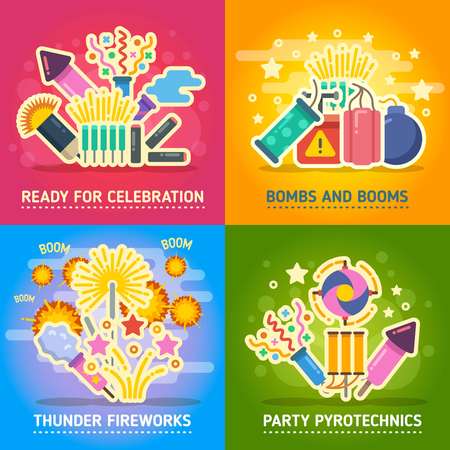 Crackers, fire show, holiday party, pyrotechnics festival vector concepts. Festival with salute, set of banner party and firework illustrationのイラスト素材