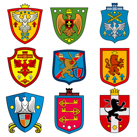 Family dynasty medieval royal coat of arms on shield vector set. Nobility heraldic color shields, illustration of royalty majestic dynasty shieldのイラスト素材