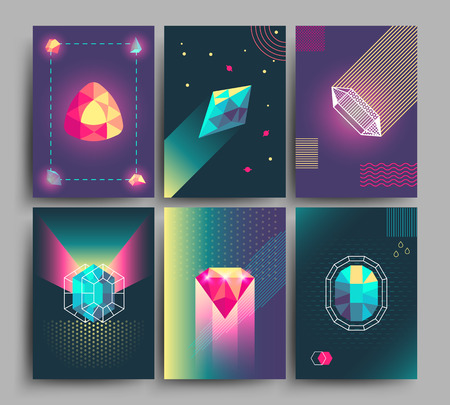 Retro trendy vector hipster posters, 3d card with crystals, abstract geometric shapes. Banner with color crystal, bright and shiny polygon crystal stone illustrationのイラスト素材