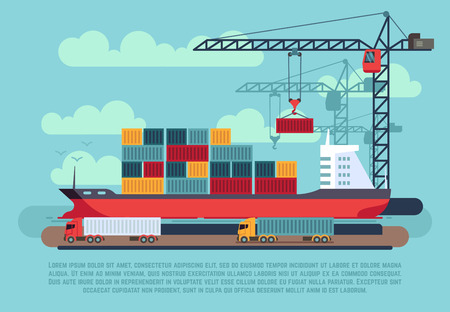 Transport cargo sea ship loading containers by harbor crane in shipping port vector illustration. Ship in sea port, cargo ship with containerのイラスト素材