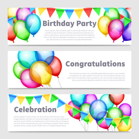 Birthday party banners with celebration rainbow balloons vector. Set of banners to birthday anniversary, multicolored birthday poster with air illustrationのイラスト素材