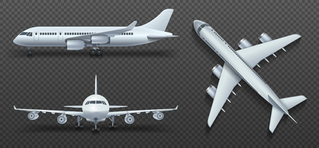 Aircraft, airplane, airliner in different point of view vector. Set of air plane front side and top illustrationのイラスト素材