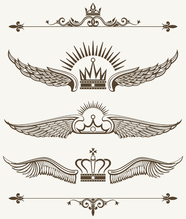 Set of royal winged crowns design elements. Nobility antique frame. Vector illustrationのイラスト素材