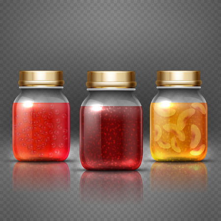 Glass container food jar with natural fruit preserves jelly jam vector. Natural fruit jam, illustration of sweet homemade jamのイラスト素材