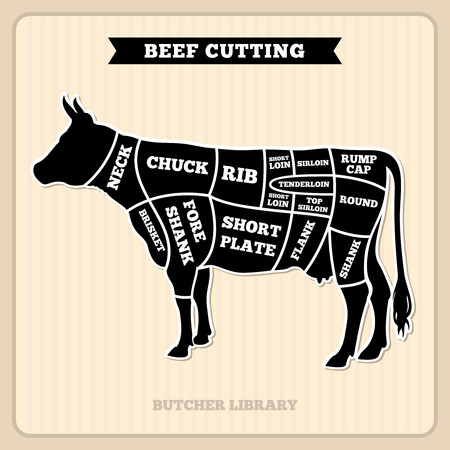 Beef, cow cuts butcher vector diagram. Placard with section cow, illustration of cow meatのイラスト素材