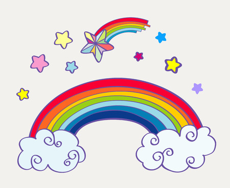 Hand drawn cartoon rainbow, clouds and falling stars. Abstract fairy art. Vector illustrationのイラスト素材