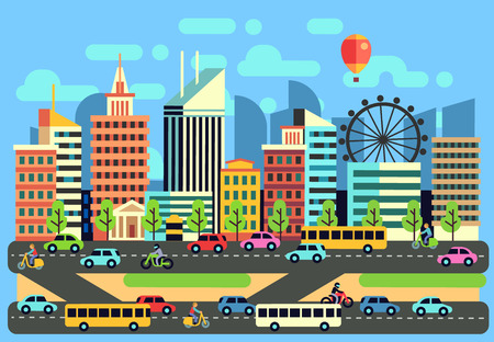 Urban, city traffic landscape with moving passenger transport vehicles, cars, scooter, motorcycle on highway. Transport traffic in city. Vector illustrationのイラスト素材