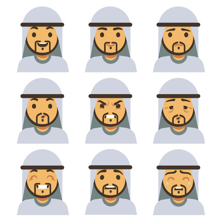 Traditional arab man emotion faces including smiling, sad, winking, laughing, happy face vector set. Illustration of emotions arab man cry and angryの写真素材