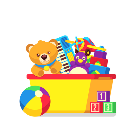 Kids toys in kids box vector clipart. Cartoon kids toys in box castle and teddy bear illustrationのイラスト素材